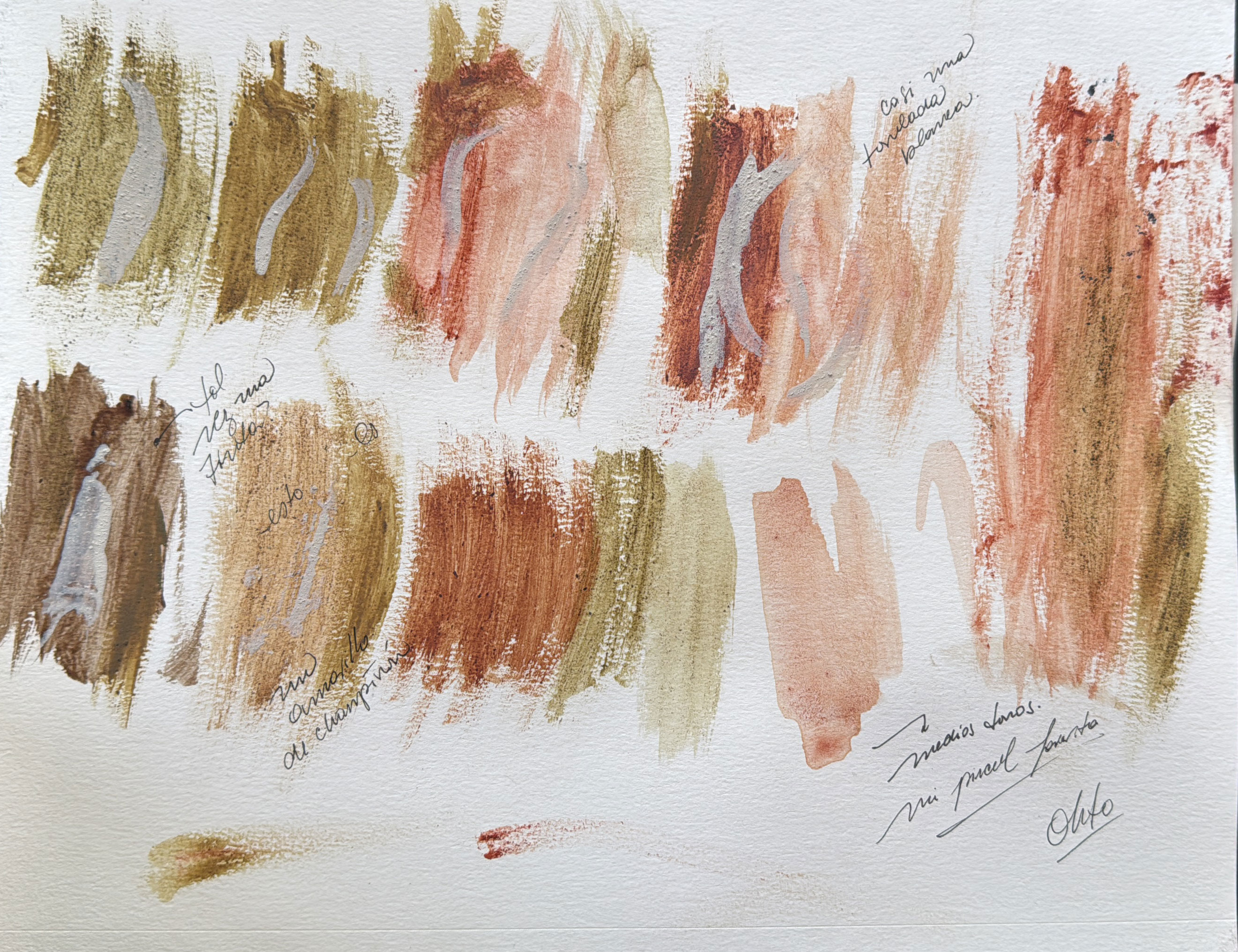 Various brown, tan, and red watercolor paint swatches with handwritten notes on textured paper.