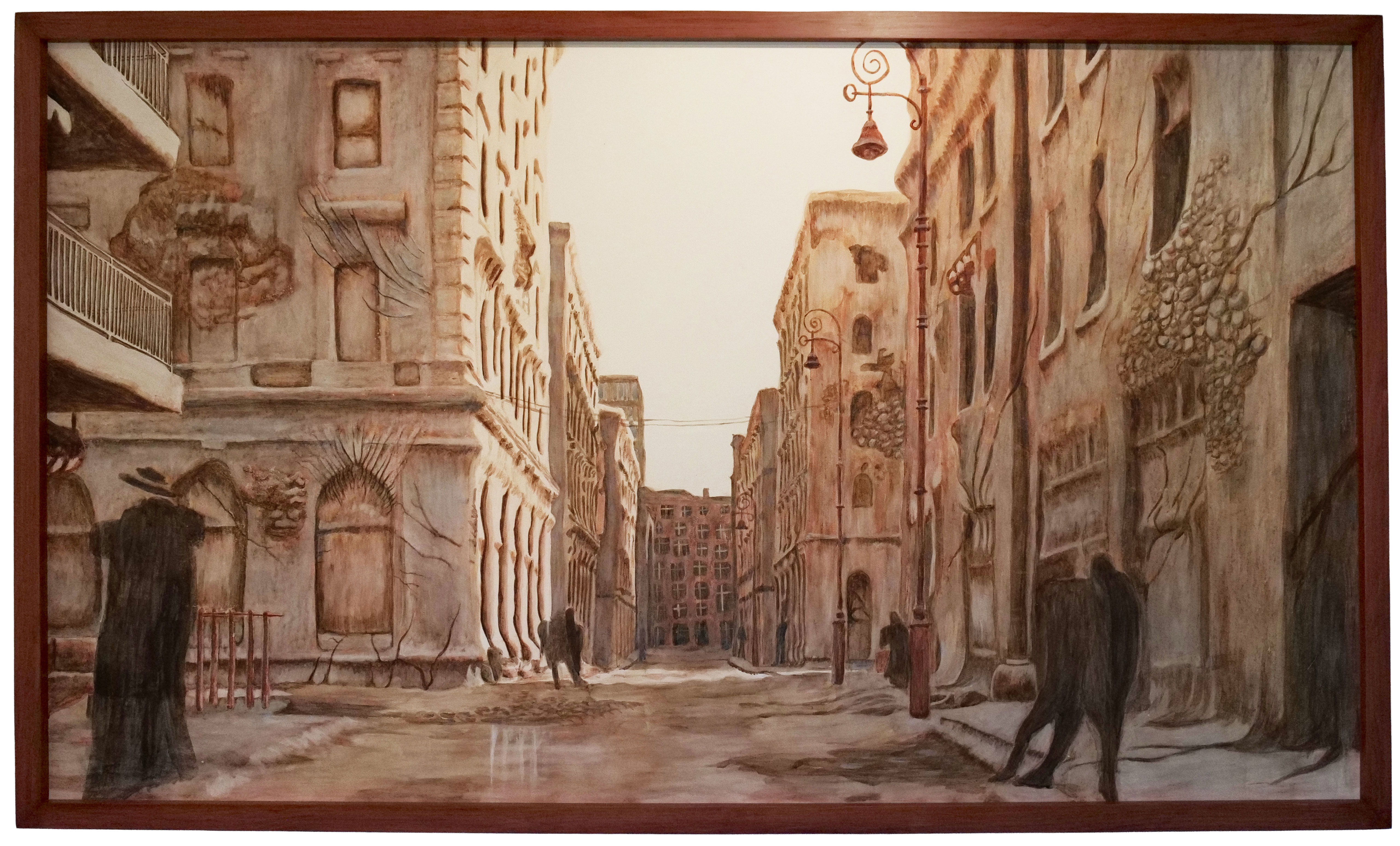 Painting of a deserted street lined with old buildings and shadowy figures in muted brown tones.