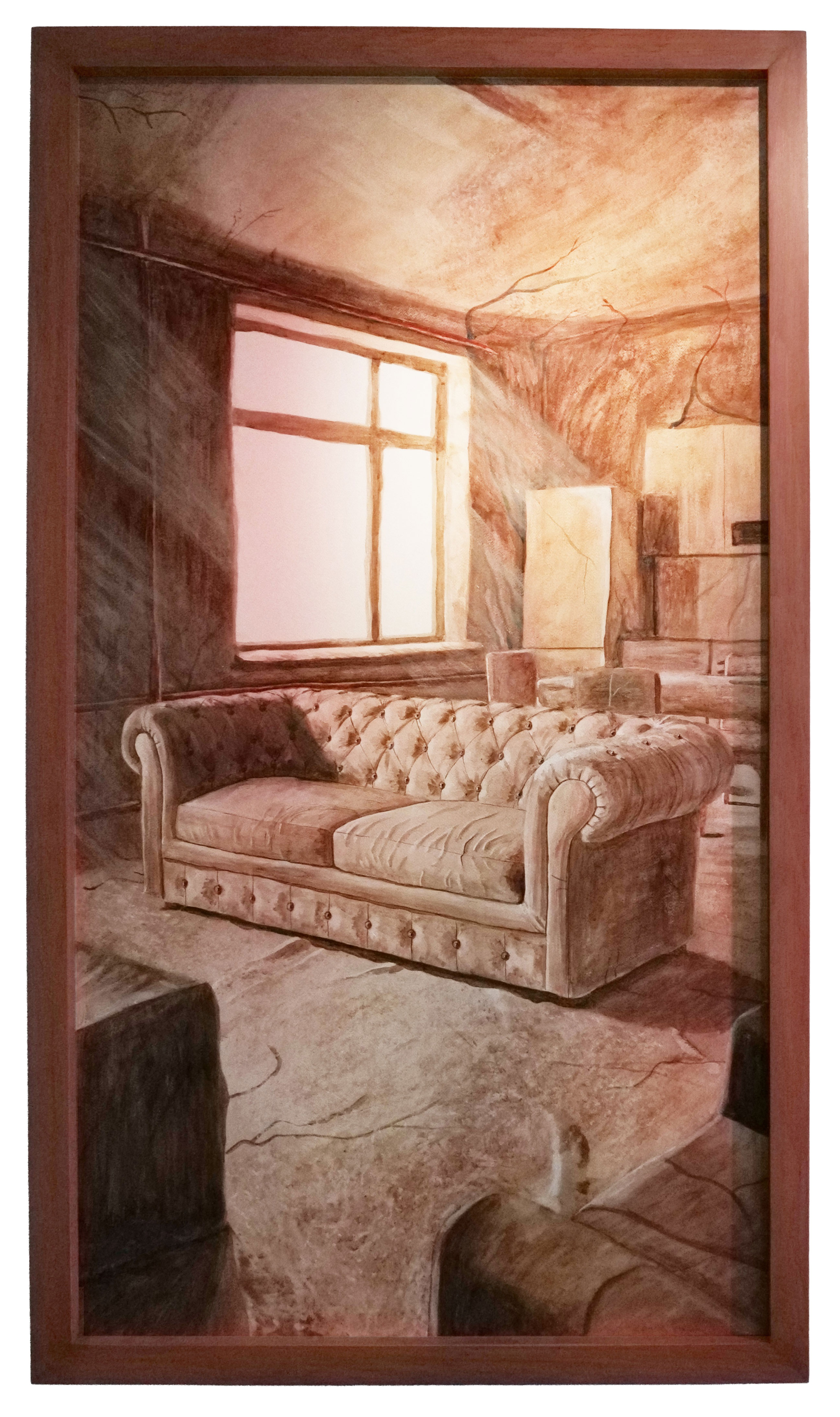 Painting of a vintage tufted sofa in a dimly lit room with large window and stacked boxes.